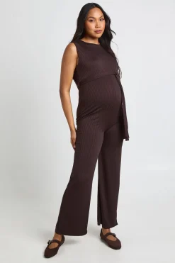 boohoo Combinaison De Détente Maternité Côtelée Sans Manches Avec Ceinture<Femme Looks Chocolat|Combinaisons Et Combishorts
