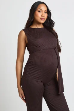 boohoo Combinaison De Détente Maternité Côtelée Sans Manches Avec Ceinture<Femme Looks Chocolat|Combinaisons Et Combishorts