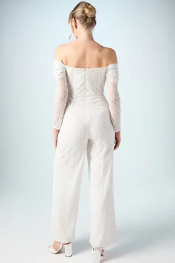 Combinaison de Mariée Corset à Manches Longues et Décolleté Bardot