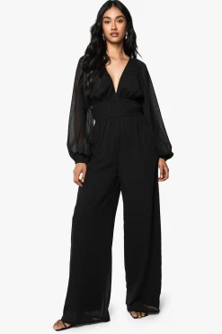 Combinaison en chiffon à col en V froncée et jambes larges