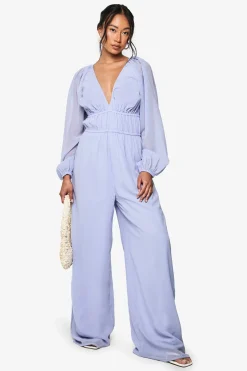 boohoo Combinaison en chiffon à encolure en V, taille froncée et jambes larges<Femme Combinaisons Et Combishorts