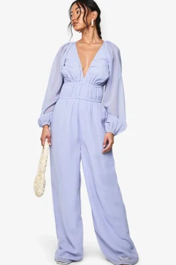 boohoo Combinaison en chiffon à encolure en V, taille froncée et jambes larges<Femme Combinaisons Et Combishorts