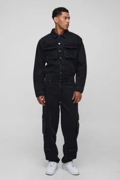 Combinaison en denim cargo lavé à manches longues et coupe décontractée