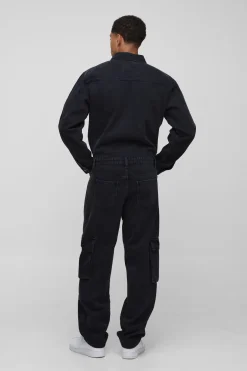Combinaison en denim cargo lavé à manches longues et coupe décontractée