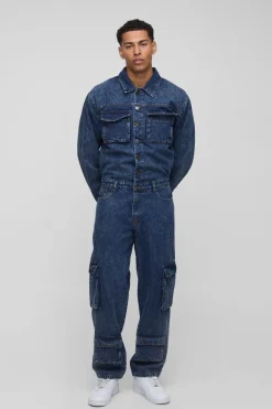 Combinaison en denim cargo lavé, à manches longues et coupe ample