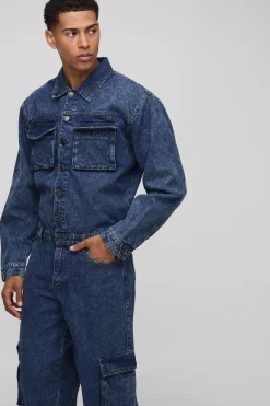 Combinaison en denim cargo lavé, à manches longues et coupe ample