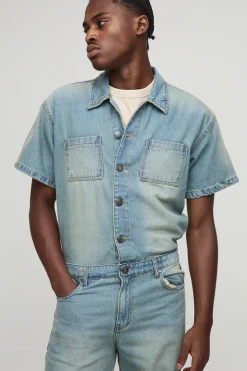 boohooMAN Combinaison en denim délavé à manches courtes, coupe décontractée<Homme Denim|Denim