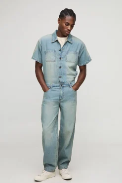 boohooMAN Combinaison en denim délavé à manches courtes, coupe décontractée<Homme Denim|Denim