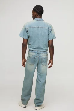 boohooMAN Combinaison en denim délavé à manches courtes, coupe décontractée<Homme Denim|Denim