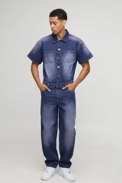 boohooMAN Combinaison en denim teinté à manches courtes, coupe décontractée<Homme Denim|Denim