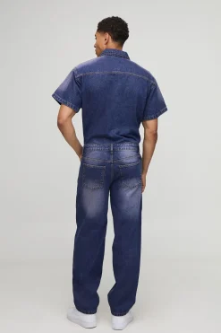 boohooMAN Combinaison en denim teinté à manches courtes, coupe décontractée<Homme Denim|Denim