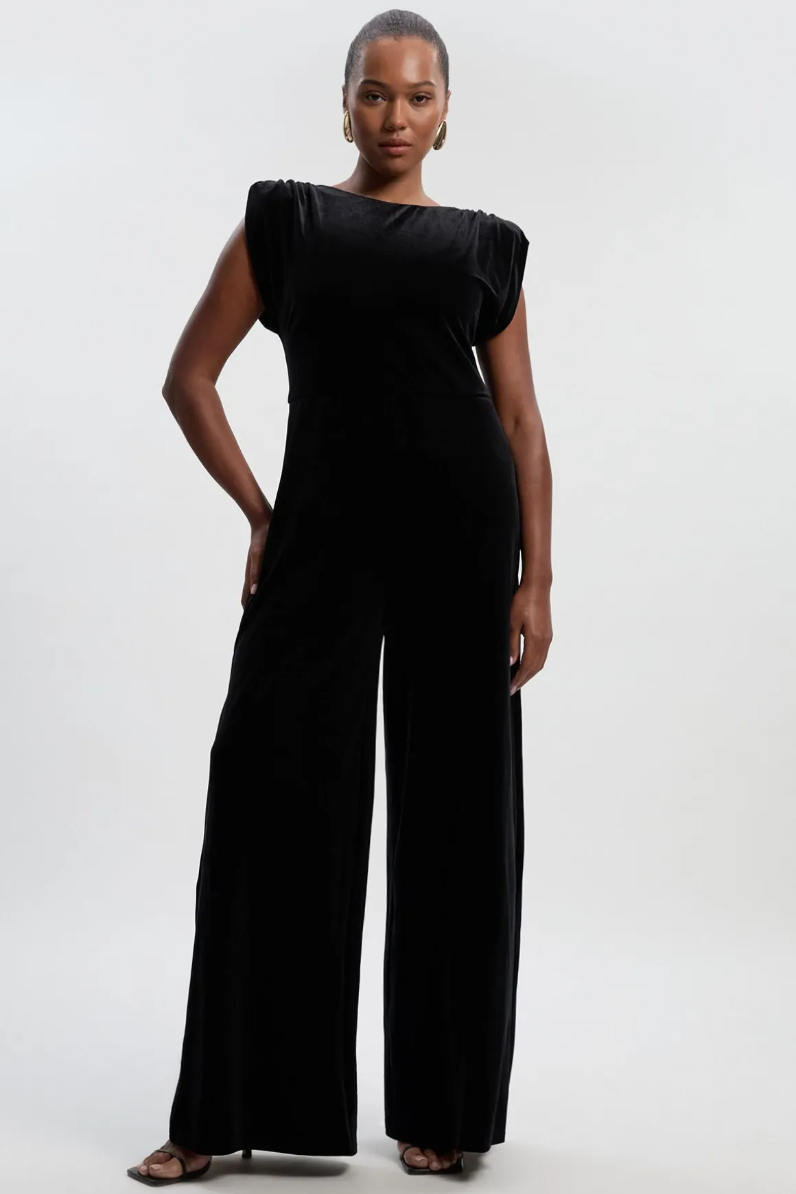 Combinaison Grande Taille en Velours Stretch à Épaulettes Marquées