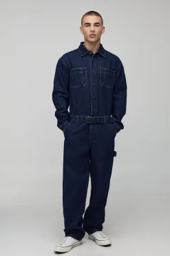 boohooMAN Combinaison indigo à manches longues, coupe décontractée, avec ceinture<Homme Denim|Denim