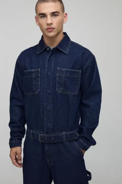 boohooMAN Combinaison indigo à manches longues, coupe décontractée, avec ceinture<Homme Denim|Denim