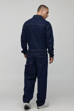boohooMAN Combinaison indigo à manches longues, coupe décontractée, avec ceinture<Homme Denim|Denim