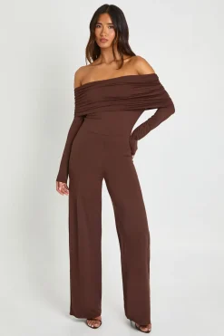boohoo Combinaison Jambe Large À Manches Longues Et Encolure Bardot Asymétrique<Femme Combinaisons Et Combishorts