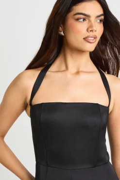 boohoo Combinaison Jambes Larges à Col Halter et Corset Baleiné en Satin Premium<Femme Satin Et Dentelle|Combinaisons Et Combishorts