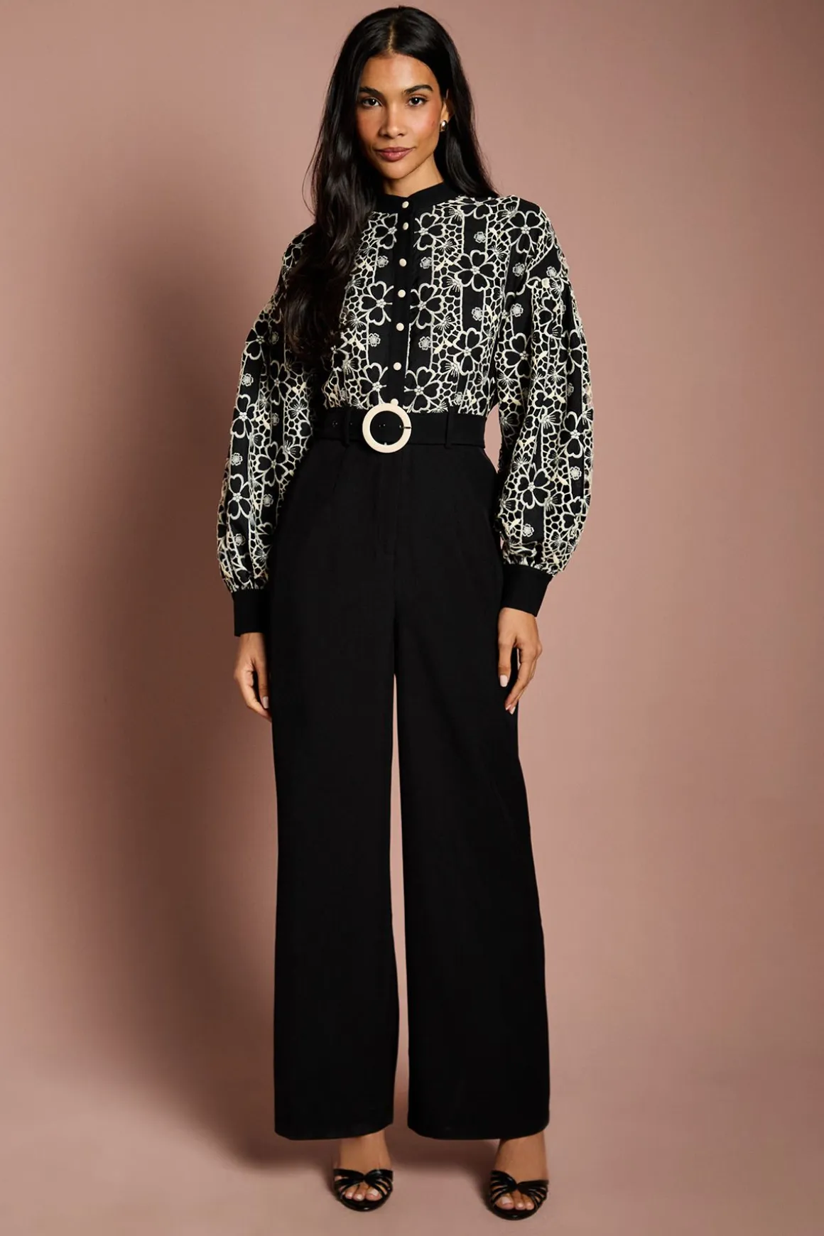 Combinaison Jambes Larges à Manches Bouffantes et Ceinture
