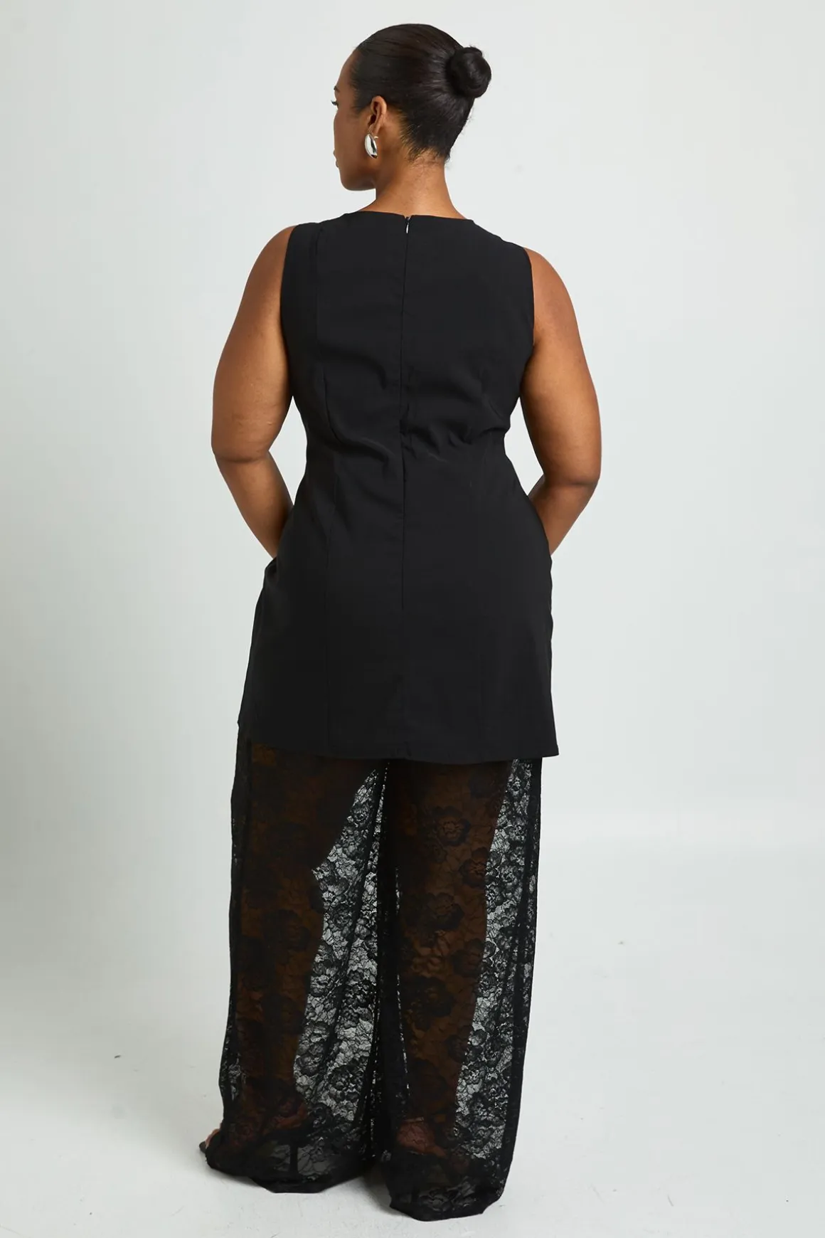 Combinaison Longue Grande Taille En Bengaline Avec Jambes Larges En Dentelle