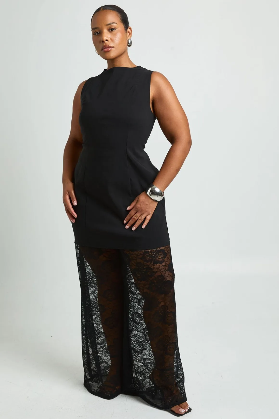 Combinaison Longue Grande Taille En Bengaline Avec Jambes Larges En Dentelle