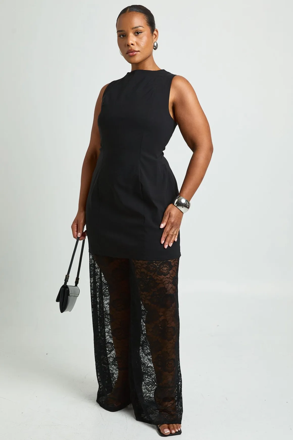 Combinaison Longue Grande Taille En Bengaline Avec Jambes Larges En Dentelle