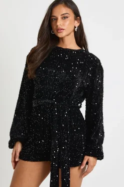boohoo Combinaison à paillettes à manches extrêmes ceinturée<Femme Combinaisons Et Combishorts