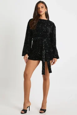 boohoo Combinaison à paillettes à manches extrêmes ceinturée<Femme Combinaisons Et Combishorts