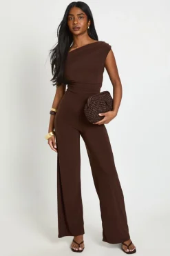 boohoo Combinaison-pantalon Asymétrique Froncée À Jambes Larges<Femme Looks Chocolat|Combinaisons Et Combishorts