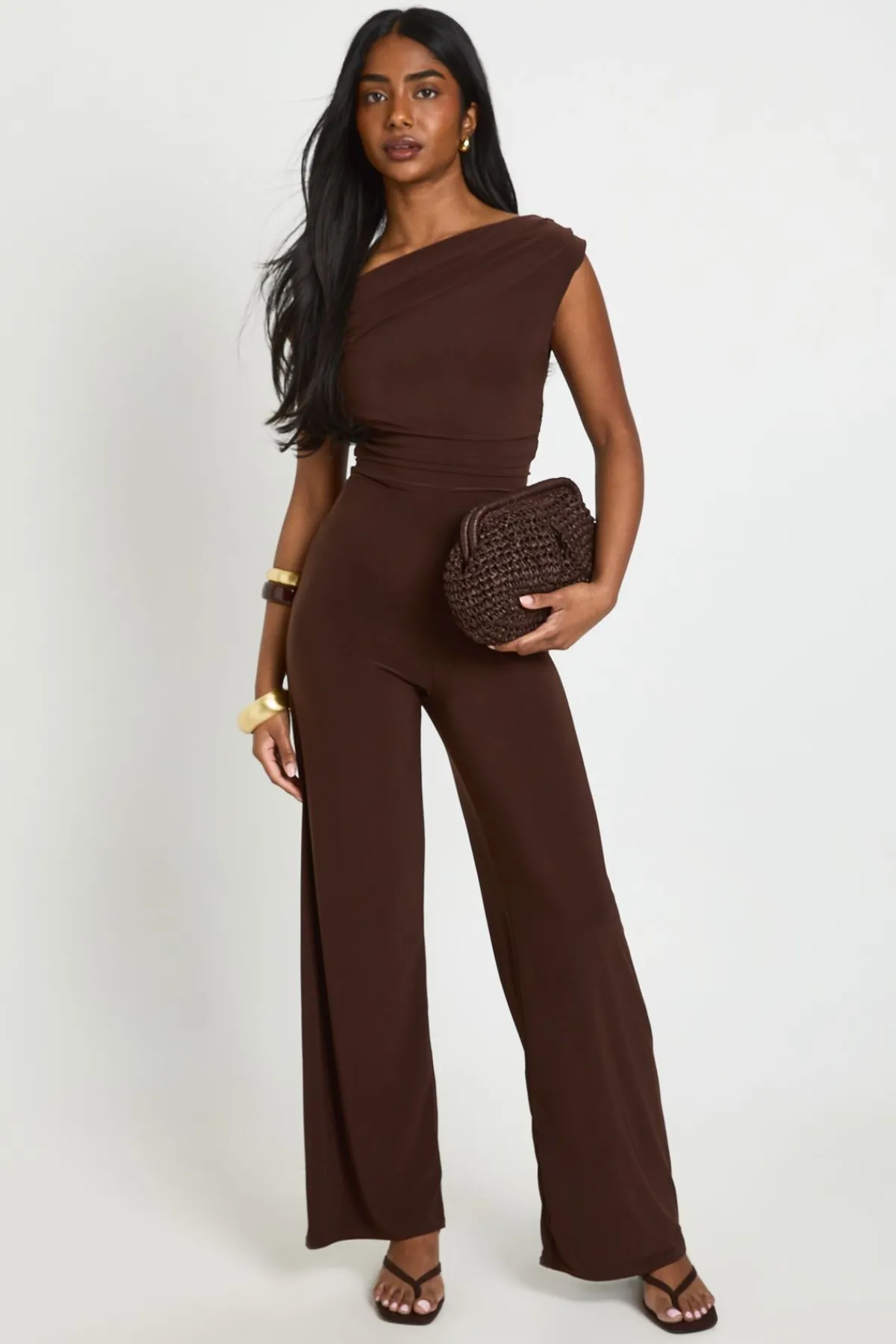 boohoo Combinaison-pantalon Asymétrique Froncée À Jambes Larges<Femme Looks Chocolat|Combinaisons Et Combishorts