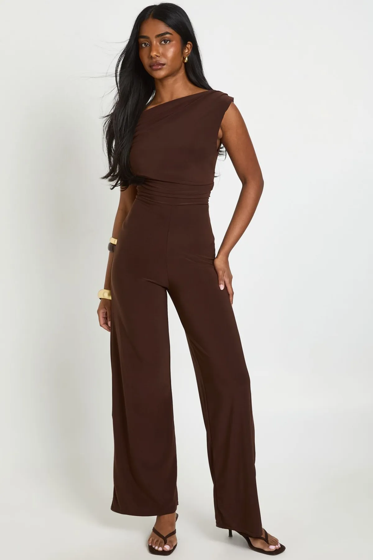 boohoo Combinaison-pantalon Asymétrique Froncée À Jambes Larges<Femme Looks Chocolat|Combinaisons Et Combishorts