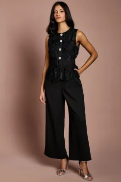 Combinaison-pantalon Ceinturée Petite Taille À Corsage En Dentelle Et Crêpe