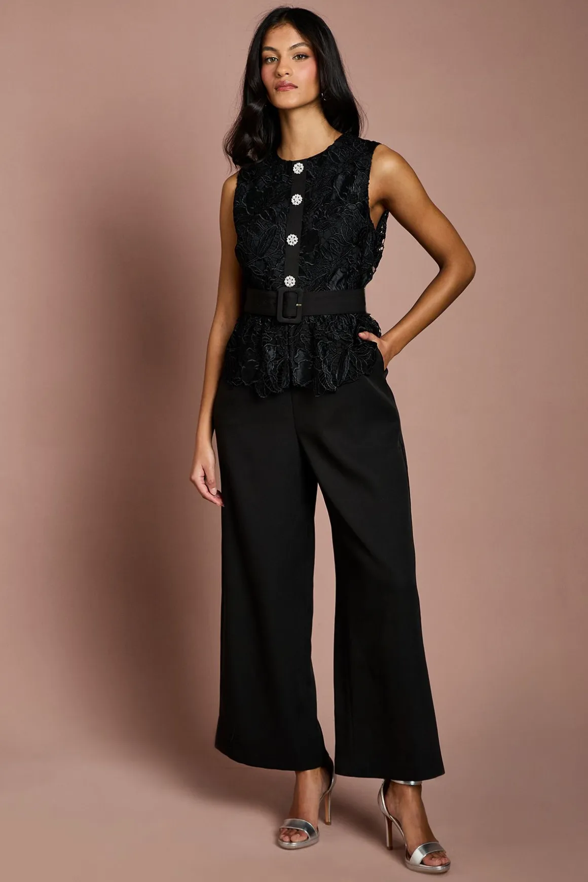 Combinaison-pantalon Ceinturée Petite Taille À Corsage En Dentelle Et Crêpe