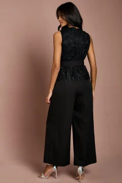 Combinaison-pantalon Ceinturée Petite Taille À Corsage En Dentelle Et Crêpe