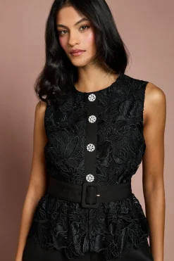 Combinaison-pantalon Ceinturée Petite Taille À Corsage En Dentelle Et Crêpe