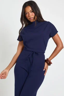 boohoo Combinaison-pantalon En Crêpe À Jambes Larges Avec Col Montant Et Taille À Cordon<Femme Combinaisons Et Combishorts