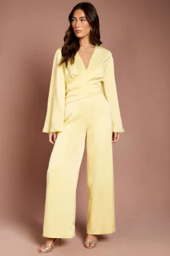 Combinaison-pantalon En Satin À Taille Cache-cœur Et Manches Évasées