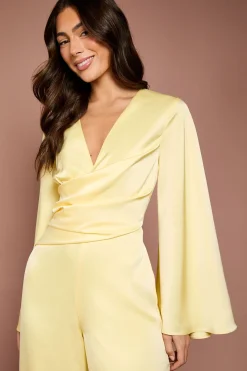Combinaison-pantalon En Satin À Taille Cache-cœur Et Manches Évasées