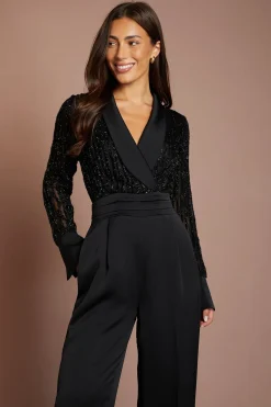 Combinaison Pantalon En Satin À Manches Longues Avec Bustier Texturé