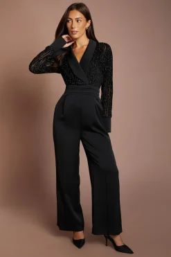 Combinaison Pantalon En Satin À Manches Longues Avec Bustier Texturé