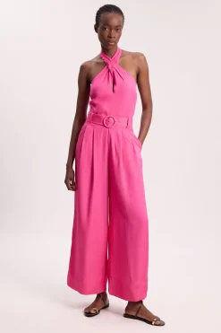 KarenMillen Combinaison-pantalon À Jambes Larges En Viscose Lin Premium Avec Encolure Croisée Dos-nu Et Ceinture<Femme Combinaisons Et Combishorts|Tenues De Plage