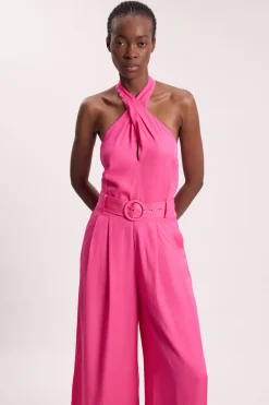 KarenMillen Combinaison-pantalon À Jambes Larges En Viscose Lin Premium Avec Encolure Croisée Dos-nu Et Ceinture<Femme Combinaisons Et Combishorts|Tenues De Plage