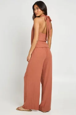 Combinaison Pantalon Large À Col Licou Aspect Lin Avec Nœud Devant