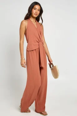 Combinaison Pantalon Large À Col Licou Aspect Lin Avec Nœud Devant