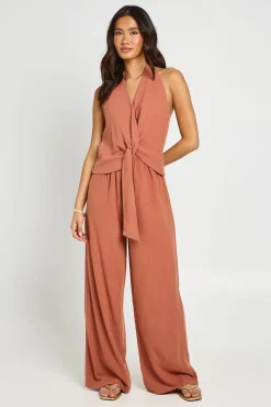 Combinaison Pantalon Large À Col Licou Aspect Lin Avec Nœud Devant