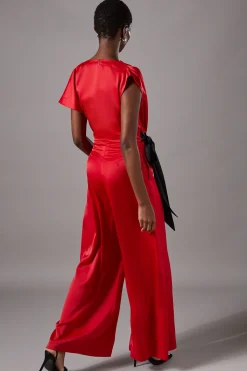 Combinaison Pantalon Large en Satin à Liens Latéraux
