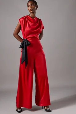 Combinaison Pantalon Large en Satin à Liens Latéraux