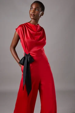 Combinaison Pantalon Large en Satin à Liens Latéraux
