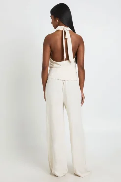 Combinaison Pantalon Large Effet Lin Col Licou Avec Nœud Devant