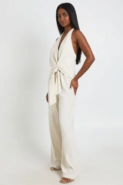 Combinaison Pantalon Large Effet Lin Col Licou Avec Nœud Devant