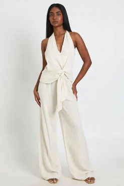 Combinaison Pantalon Large Effet Lin Col Licou Avec Nœud Devant